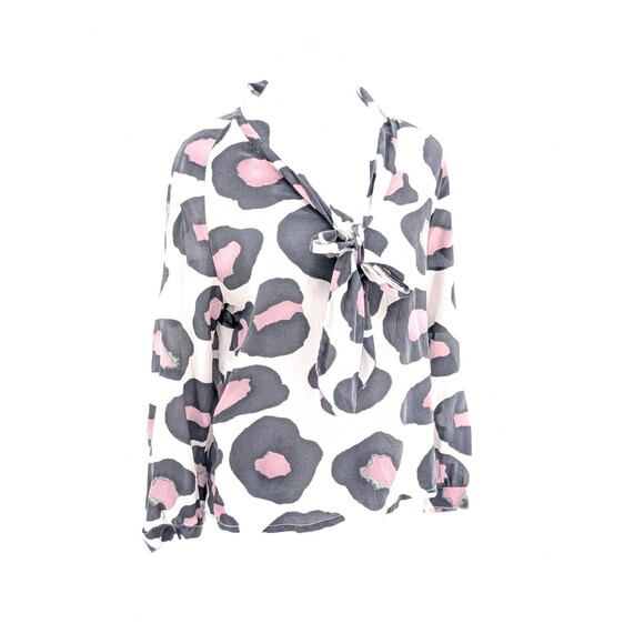 Tucker 100% Silk Leopard Print White Long Sleeve Tie Front Blouse USA Size Small - Picture 2 of 10